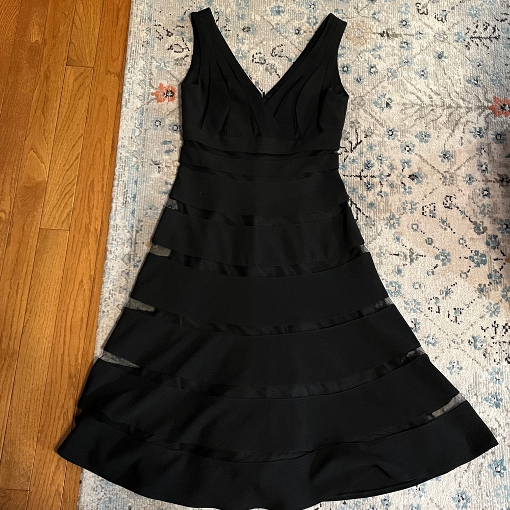 WHBM Black V-Neck Shadow Stripe Mesh Party Dress 00 - Picture 6 of 16